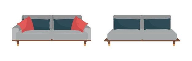 Grey sofa with black and red pillows flat color vector object set