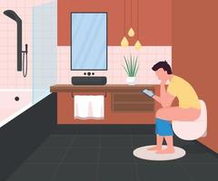 Man on toilet with phone flat color vector illustration