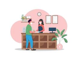 Man and woman in mask in coffeeshop flat color vector faceless character