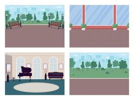 Urban street and luxury house flat color vector illustration set