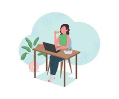 Woman eating at computer desk flat color vector faceless character