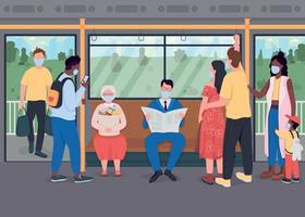 Passengers in masks in public transport flat color vector illustration