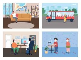 New normal lifestyle during covid lockdown flat color vector illustration set