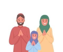 Happy arabian family praying flat color vector faceless characters