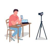 Man making video review flat color vector faceless character