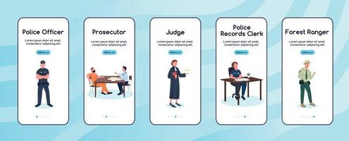 Justice and law workers onboarding mobile app screen flat vector template