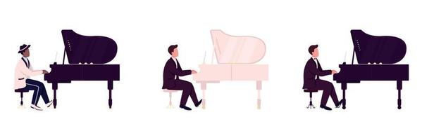 Diverse piano players flat color vector faceless character set