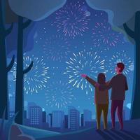 una pareja disfruta de los fuegos artificiales vector