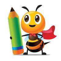 Cartoon cute bee with red cloak holding huge green colour pencil vector