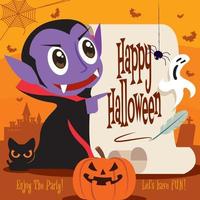 Little cute vampire hand pointing to Calligraphy on retro paper sheet in Halloween theme vector