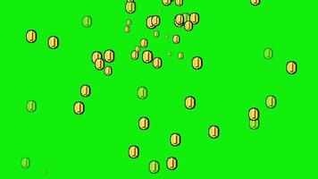 Monedas de oro de videojuegos retro de 8 bits lloviendo sobre pantalla verde video