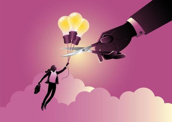 A businesswoman flying on idea or light bulb balloons with hand cutting the rope