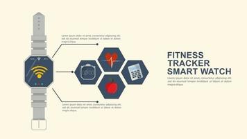 Iconography for flat design smart watch fitness tracker icons with the image of the functional equipment and a place to insert text vector