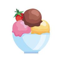 bolas de helado y fresa en un tazón vector