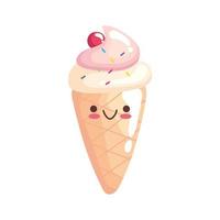 lindo, helado, pegatina, kawaii, carácter, icono vector