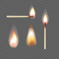 Realistic burning matches and flames vector set isolated on transparent background