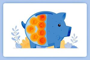 Blue piggy bank with foreign money saving and investing. Can be used for landing pages, websites, posters, mobile apps vector