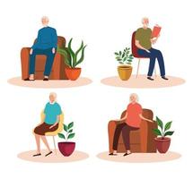 group of elderly old people seated in chairs and sofas characters vector