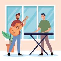 creative young men playing guitar and piano characters vector