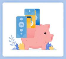 Pink piggy bank with bank note being issued, open investment savings. Can be used for landing pages, websites, posters, mobile apps vector