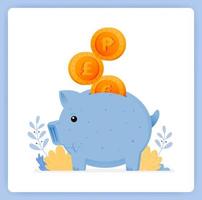 Cute blue piggy bank with stacked coins, save for investment. Can be used for landing pages, websites, posters, mobile apps vector