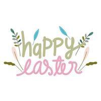 happy easter hand drawn lettering leaves nature isolated white background vector