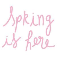 pink hand drawn lettering spring is here isolated style vector