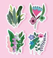 set stickers with flowers leaves nature decoration vector