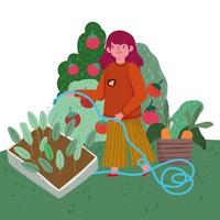 niña de jardinería rociando agua plantas vegetales frescos vector