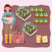 farmer boy holds basket with tomatoes plantation cabbage and seeds vector