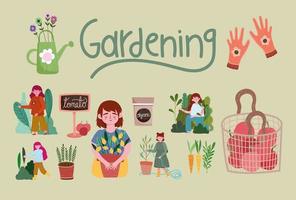 jardinería gente jardín naturaleza plantas zanahorias guantes herramientas vector