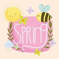 spring hand drawn flowers bee sun branches cartoon vector