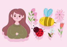 spring set with woman bee ladybug flowers anture vector