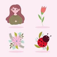 primavera, conjunto, mujer, flores, mariquita, floral, naturaleza, iconos, conjunto vector