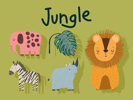 jungle animals lion elephant zebra rhino and leaf cartoon vector