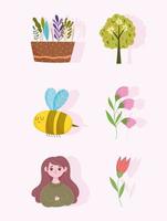 primavera niña ramo de flores árbol planta follaje y conjunto vector