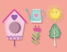 spring bird house tree sun flower and watering can set vector