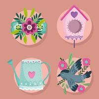spring set flowers bird house watering can decoration vector