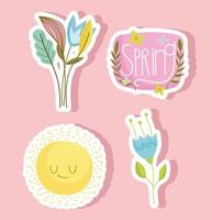 spring flowers leaves sun decoration season icons vector