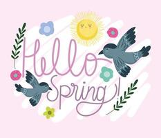 hello spring birds dlowers branch decoration nature card vector