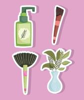 set skin care cosmetics products brushes treatment bottle herbal and plant vector