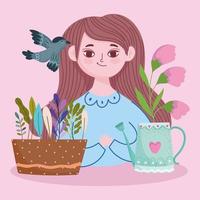 cute woman watering can potted plant flowers bird season spring vector