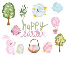 happy easter rabbit eggs tree flowers cloud cute cartoon vector