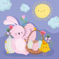 cute easter bunny with chicken egg on basket cartoon vector