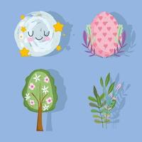 happy easter egg tree flowers foliage and moon set vector