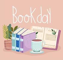 book day handwritten lettering books coffee cup and plant vector