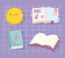 Establecer libro diferentes libros leídos y dibujos animados de sol vector