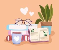 book day textbooks glasses coffee cup and plant vector
