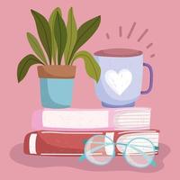 book day stack of books with coffee cup plant and glasses vector