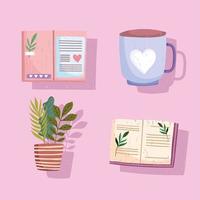 set book icon coffee cup textbooks plant vector